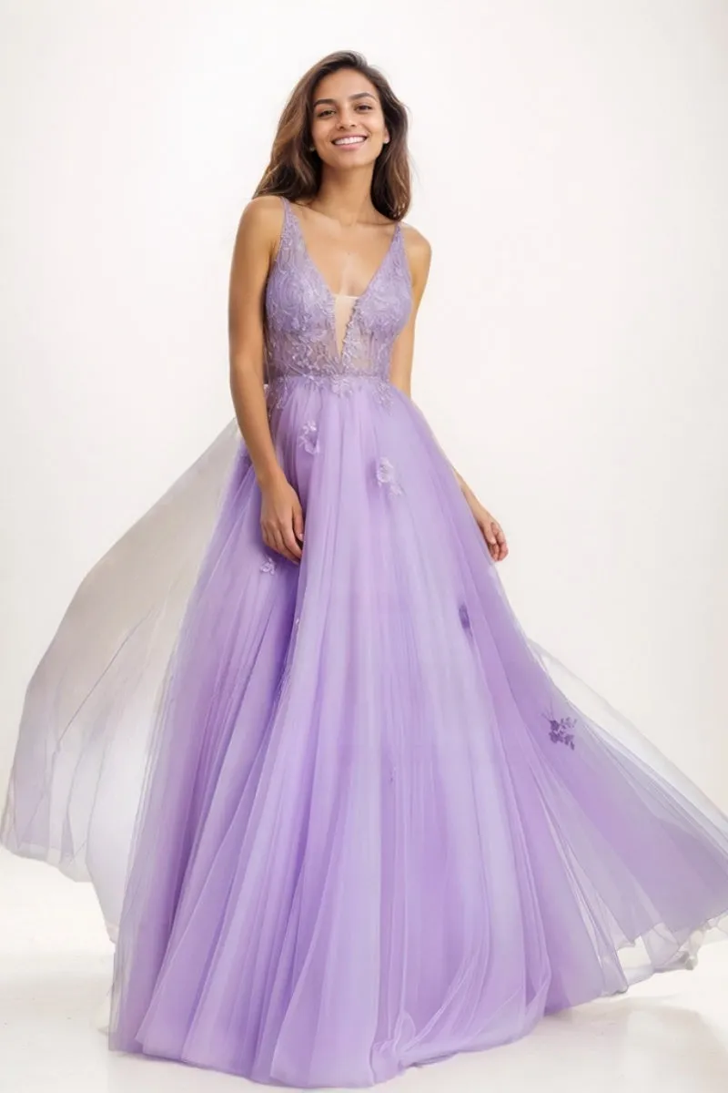 V-Neck A-Line Floor-Length Lace/Tulle Prom Dresses CS0725 sold by Cocomelody