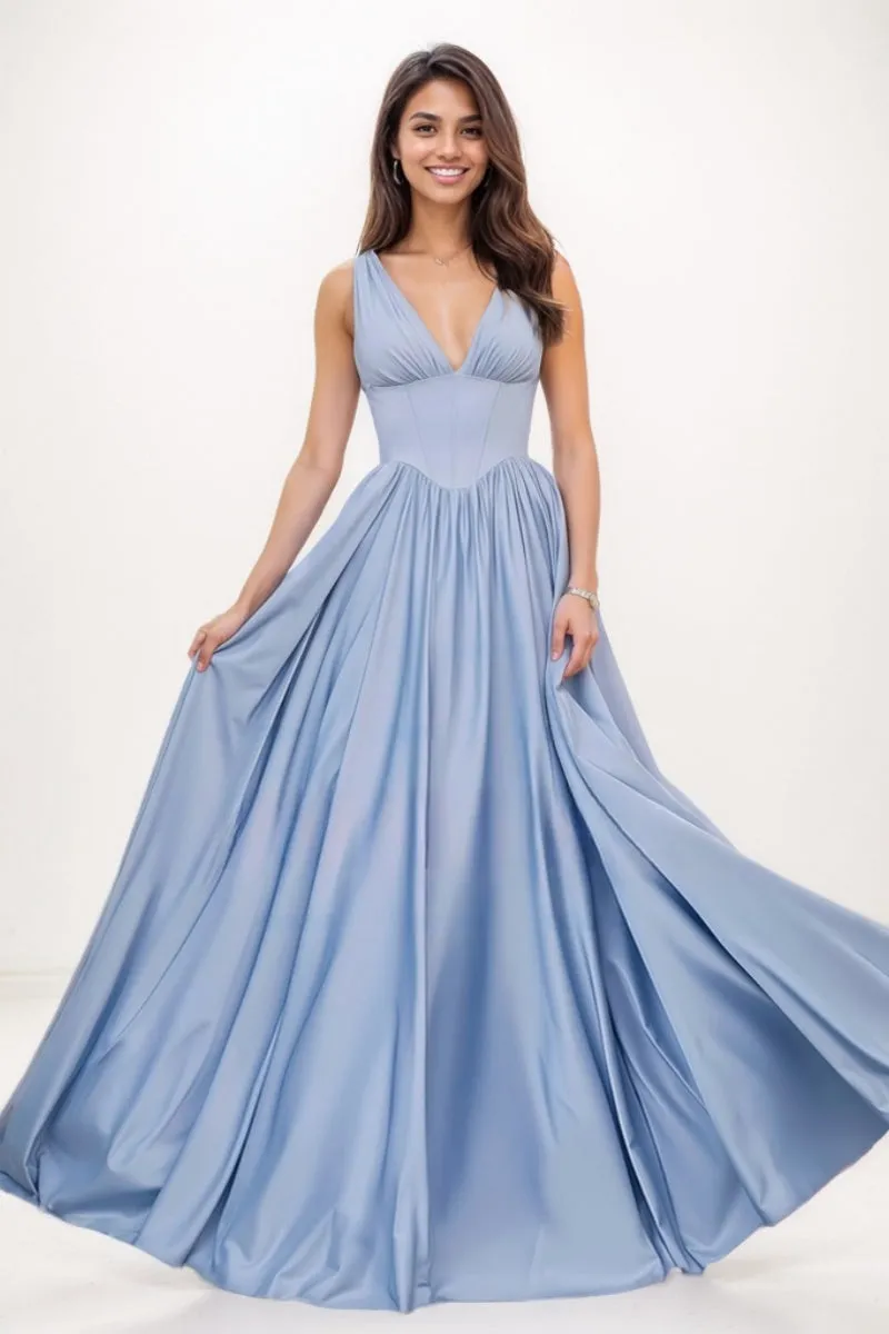 V-Neck Sleeveless A-Line Sweep Train Satin Prom Dresses CS0724 sold by Cocomelody