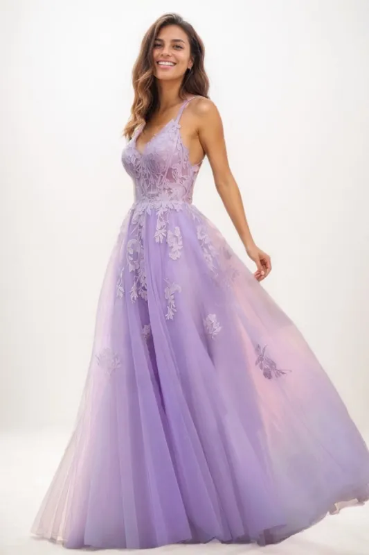 Lace V-Neck Corset A-Line Floor-Length Tulle Prom Dresses CS0723 sold by Cocomelody