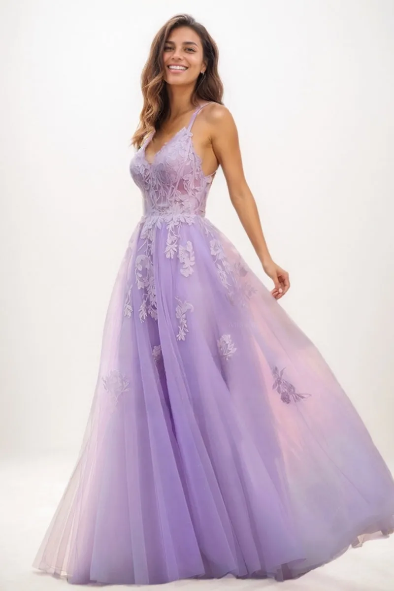 Lace V-Neck Corset A-Line Floor-Length Tulle Prom Dresses CS0723 sold by Cocomelody