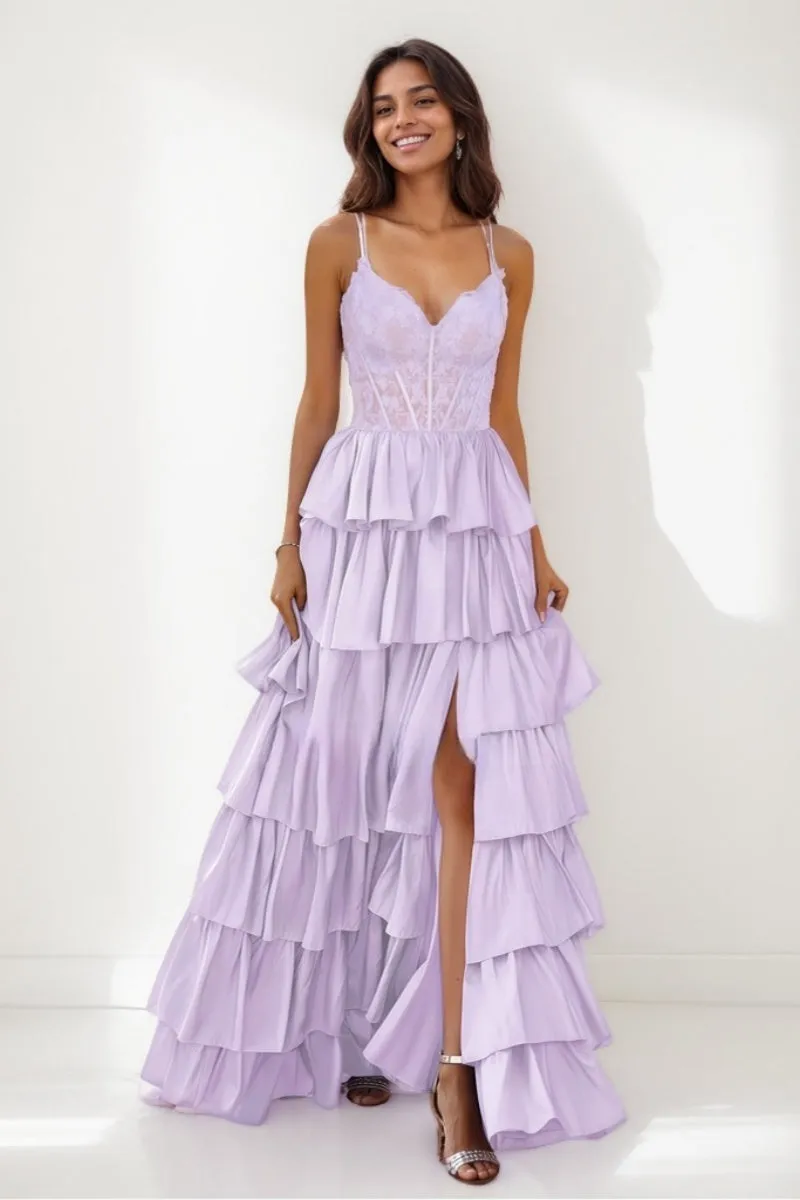 V-Neck A-Line Tiered Silk Like Satin Prom Dresses CS0718 sold by Cocomelody