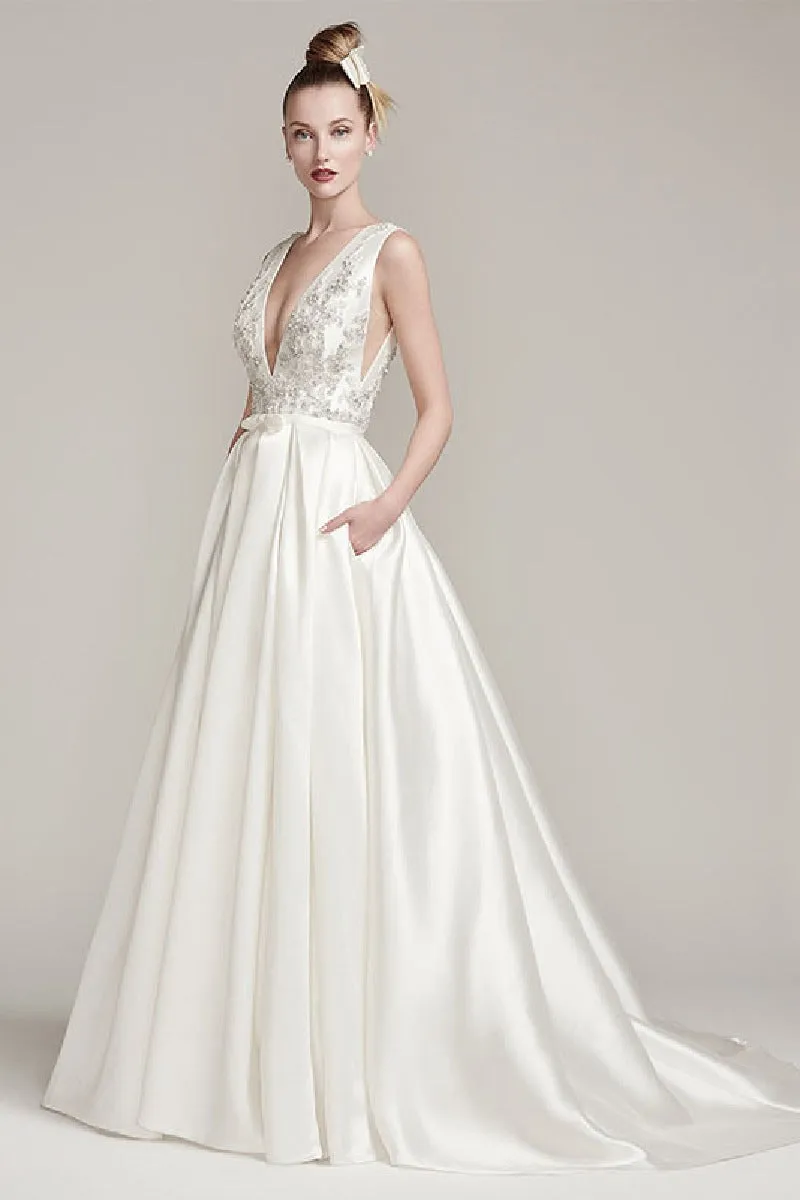 A-Line Sweep-Brush Train Satin Wedding Dress 611222896440 sold by Cocomelody