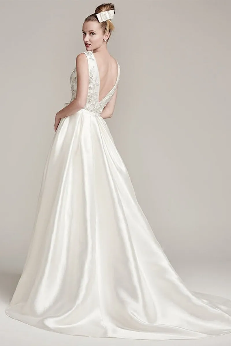 A-Line Sweep-Brush Train Satin Wedding Dress 611222896440 sold by Cocomelody product image thumbnail 2