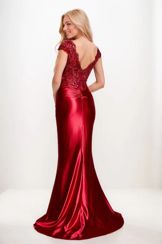 V-neck Cap Sleeves Stretch Satin Prom Dresses CS0920 sold by Cocomelody product image thumbnail 2