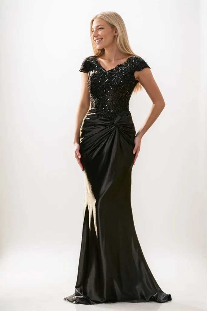 V-neck Cap Sleeves Stretch Satin Prom Dresses CS0920 sold by Cocomelody product image thumbnail 4