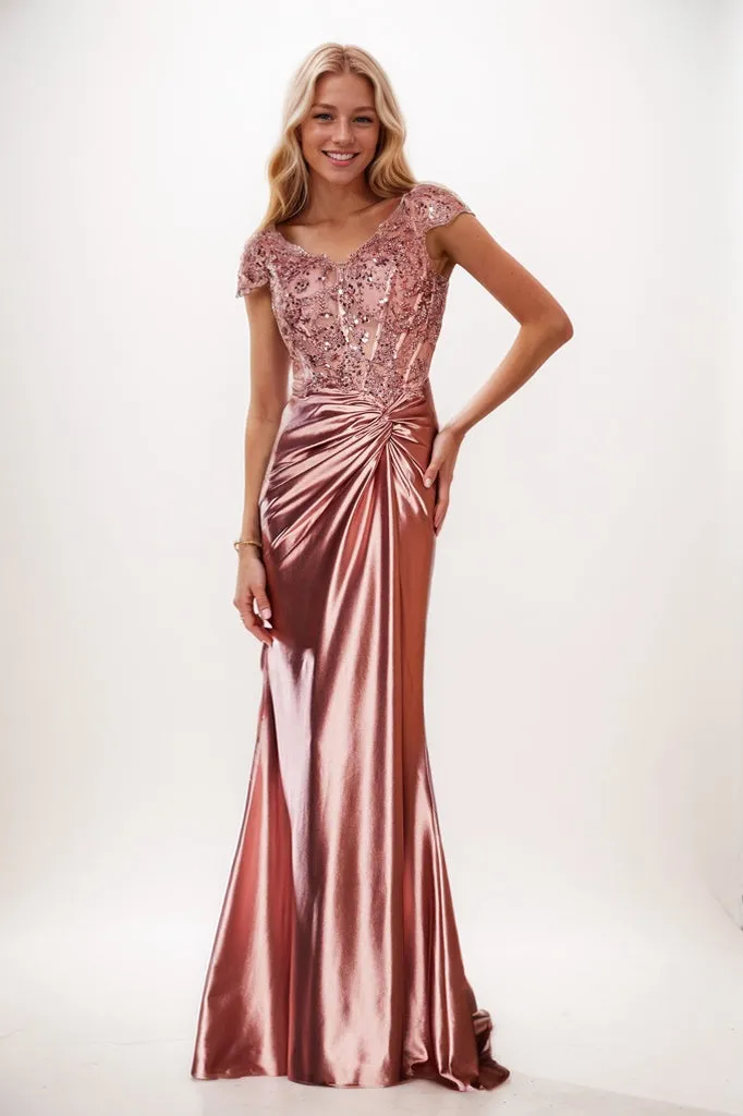V-neck Cap Sleeves Stretch Satin Prom Dresses CS0920 sold by Cocomelody product image thumbnail 5