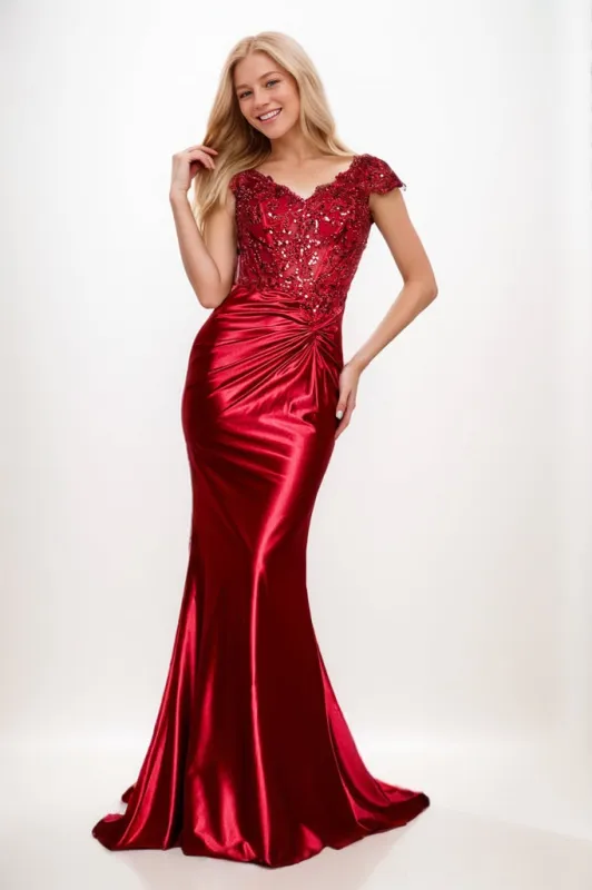 V-neck Cap Sleeves Stretch Satin Prom Dresses CS0920 sold by Cocomelody