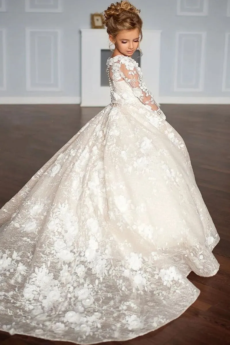 A-Line Illusion Neck Long Sleeve Lace Chapel Train Flower Girl Dresses 688674536065 sold by Cocomelody