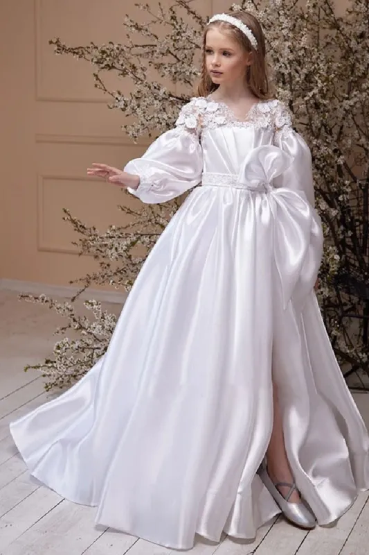 A-Line Illusion Neck Long Sleeve Satin Flower Girl Dresses 750796600612 sold by Cocomelody
