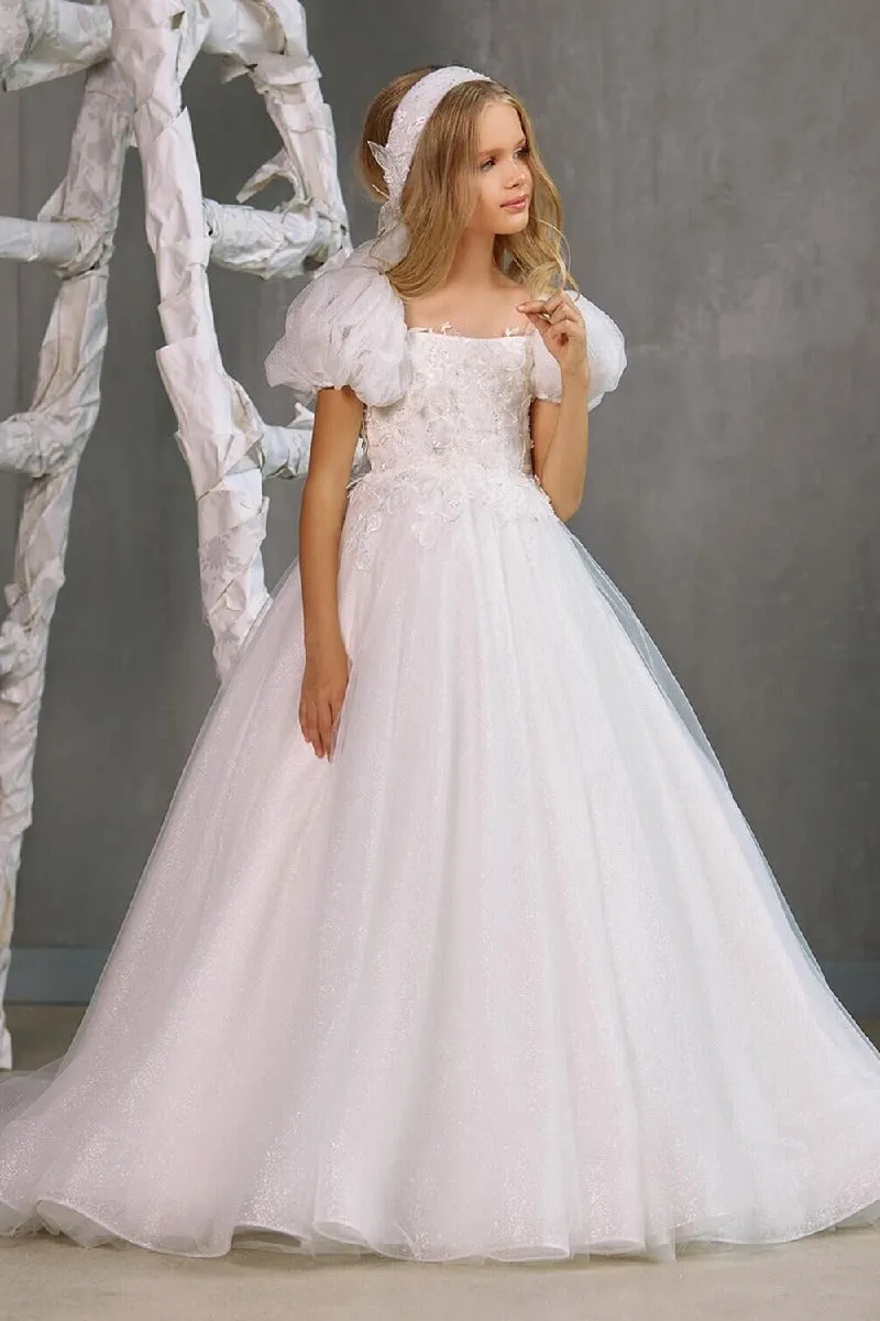 A-Line Square Neck Puff Sleeves Tulle Flower Girl Dresses 748560176475 sold by Cocomelody