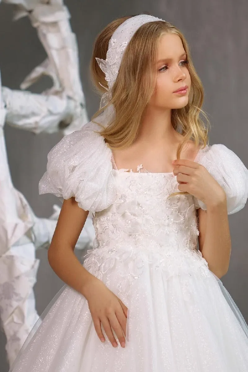 A-Line Square Neck Puff Sleeves Tulle Flower Girl Dresses 748560176475 sold by Cocomelody product image thumbnail 4
