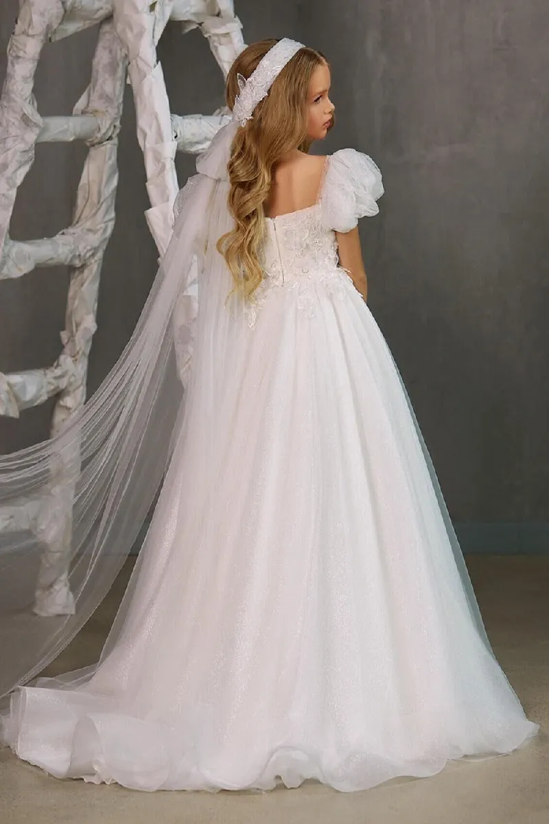 A-Line Square Neck Puff Sleeves Tulle Flower Girl Dresses 748560176475 sold by Cocomelody product image thumbnail 2