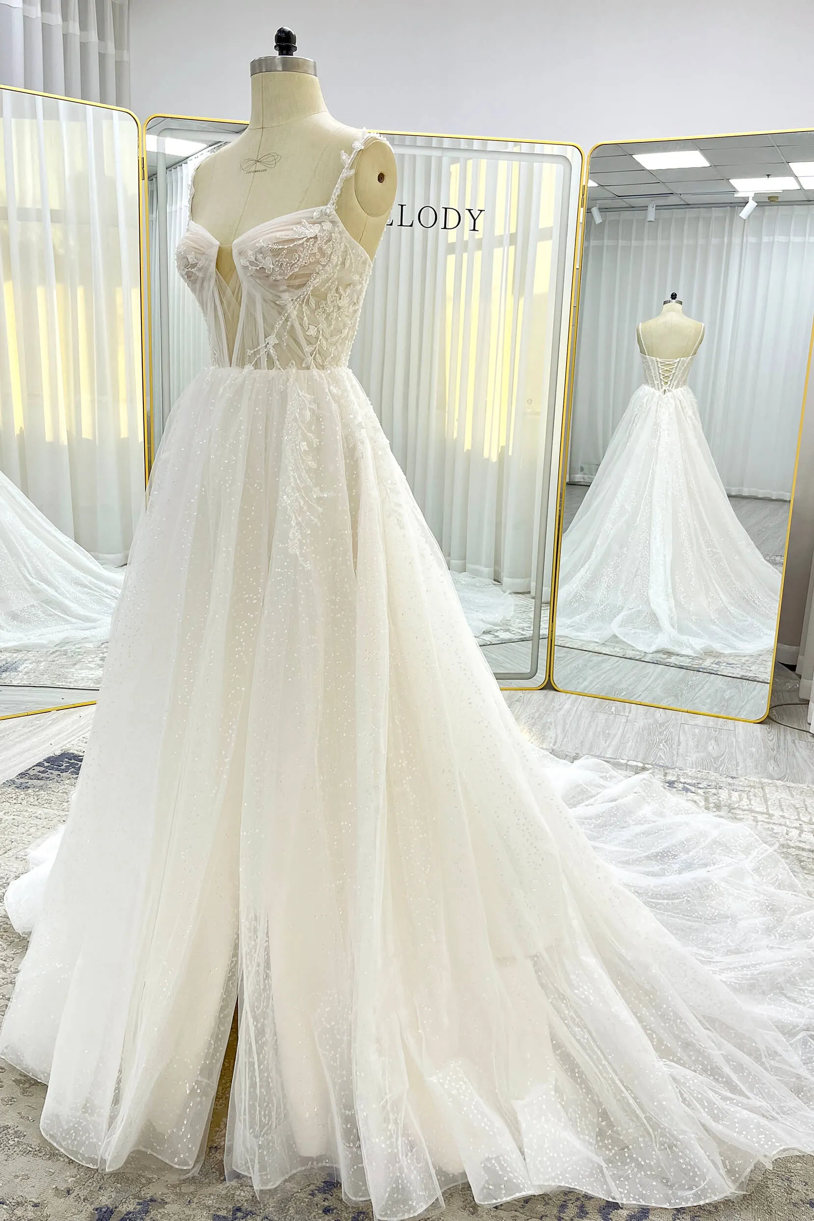 A-Line Court Train Sparkle Tulle Wedding Dress CW3338 sold by Cocomelody product image thumbnail 3
