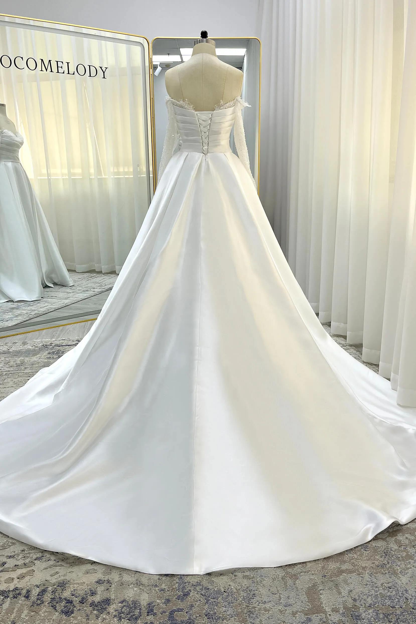 A-Line Court Train Mikado Lace Wedding Dress CW3335 sold by Cocomelody product image thumbnail 2
