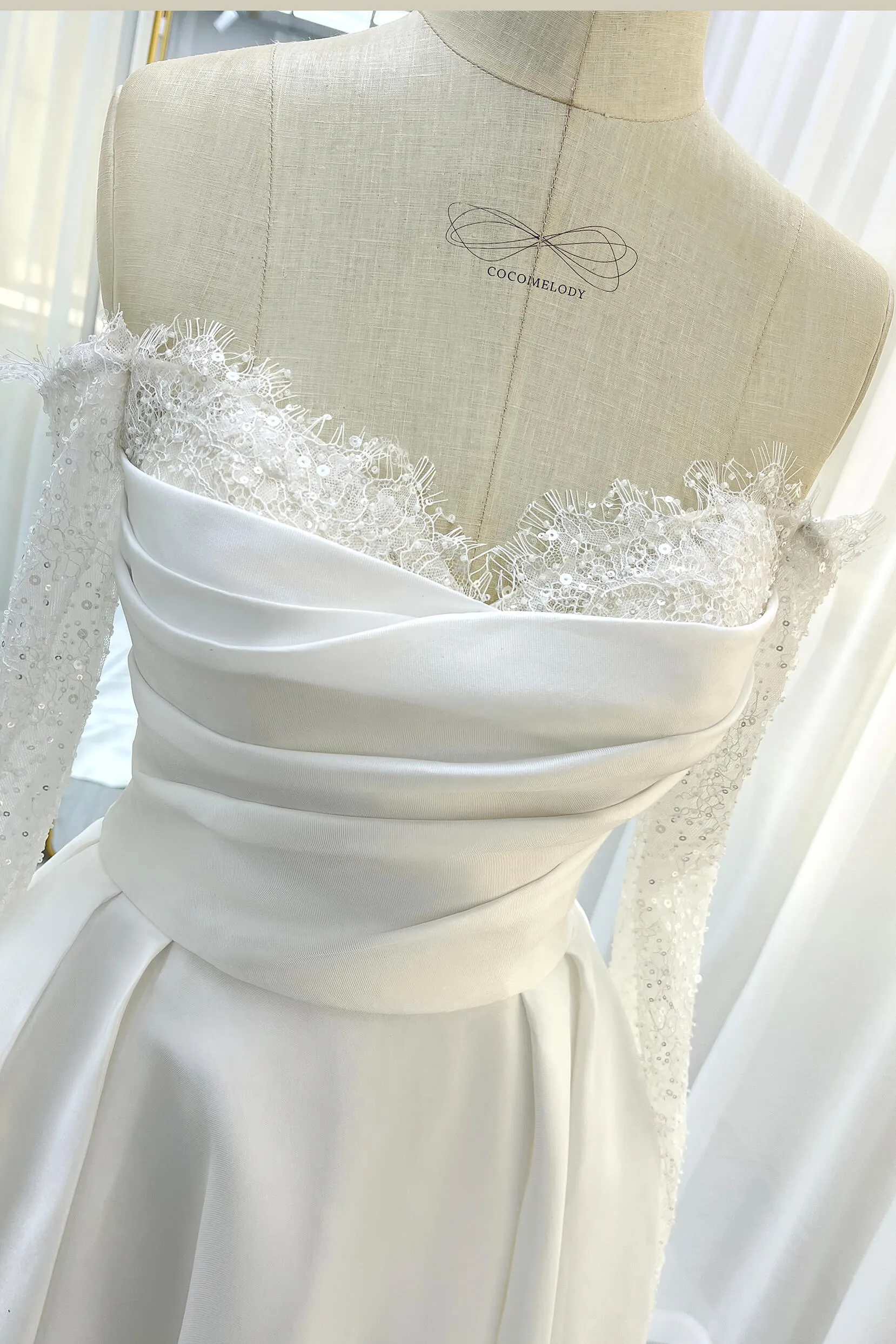 A-Line Court Train Mikado Lace Wedding Dress CW3335 sold by Cocomelody product image thumbnail 3