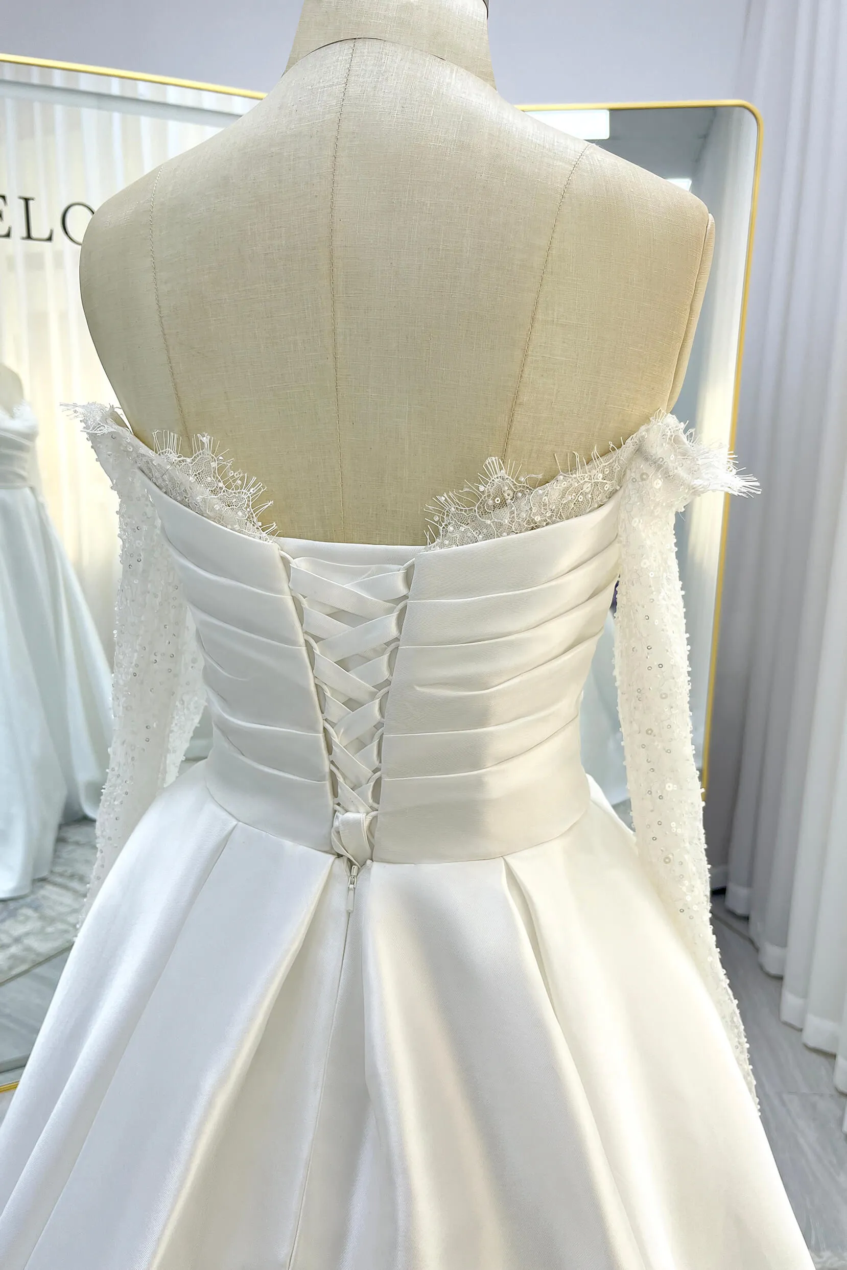 A-Line Court Train Mikado Lace Wedding Dress CW3335 sold by Cocomelody product image thumbnail 4