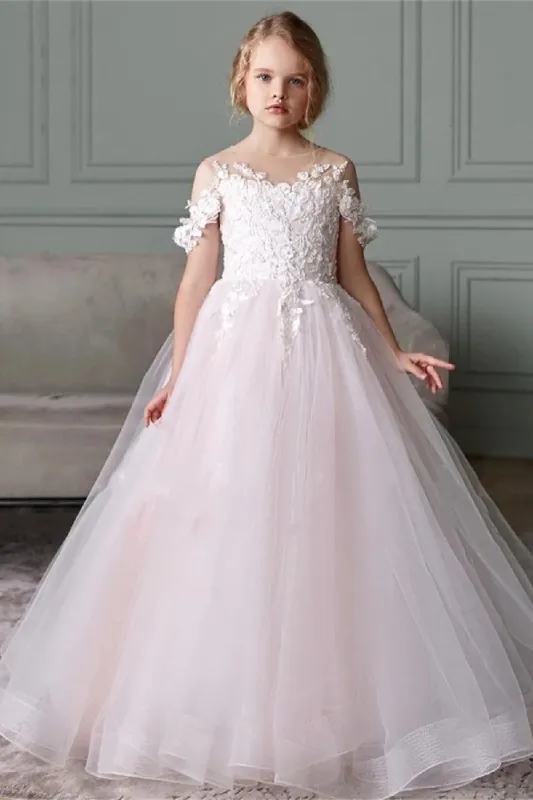 A-Line Illusion Neck Off The Shoulder Sleeves Tulle Maxi Flower Girl Dresses 827500964252 sold by Cocomelody
