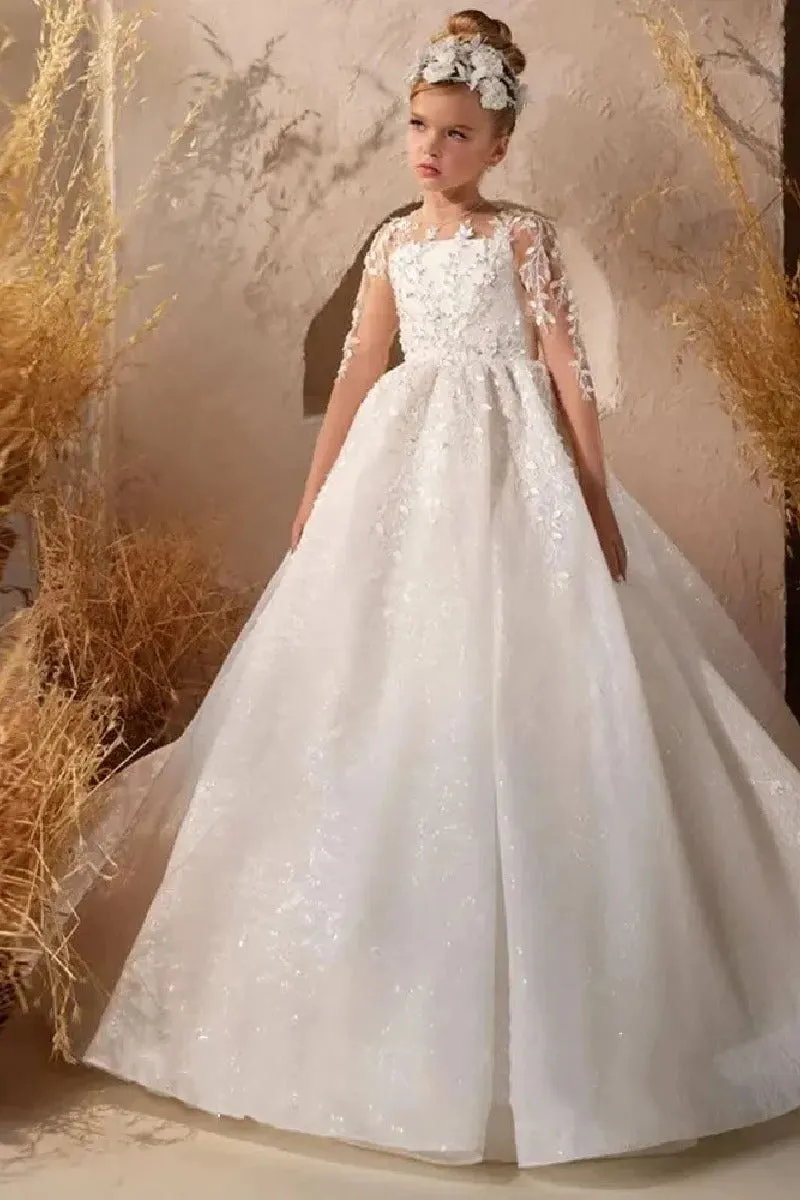 A-Line Illusion Neck Long Sleeve Tulle Court Train Flower Girl Dresses 757294973843 sold by Cocomelody