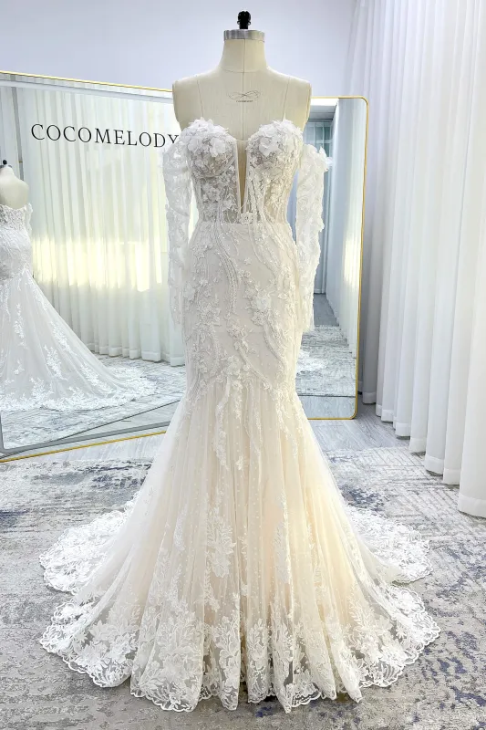 Trumpet-Mermaid Court Train Lace Tulle Wedding Dress CW3536 sold by Cocomelody