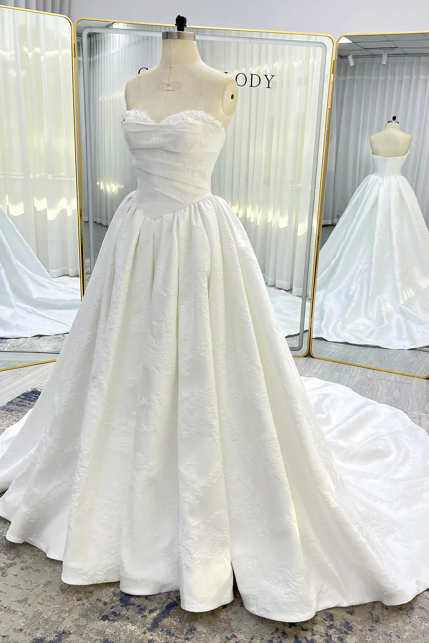 Ball Gown Court Train Jacquard Satin Wedding Dress CW3532 sold by Cocomelody product image thumbnail 3