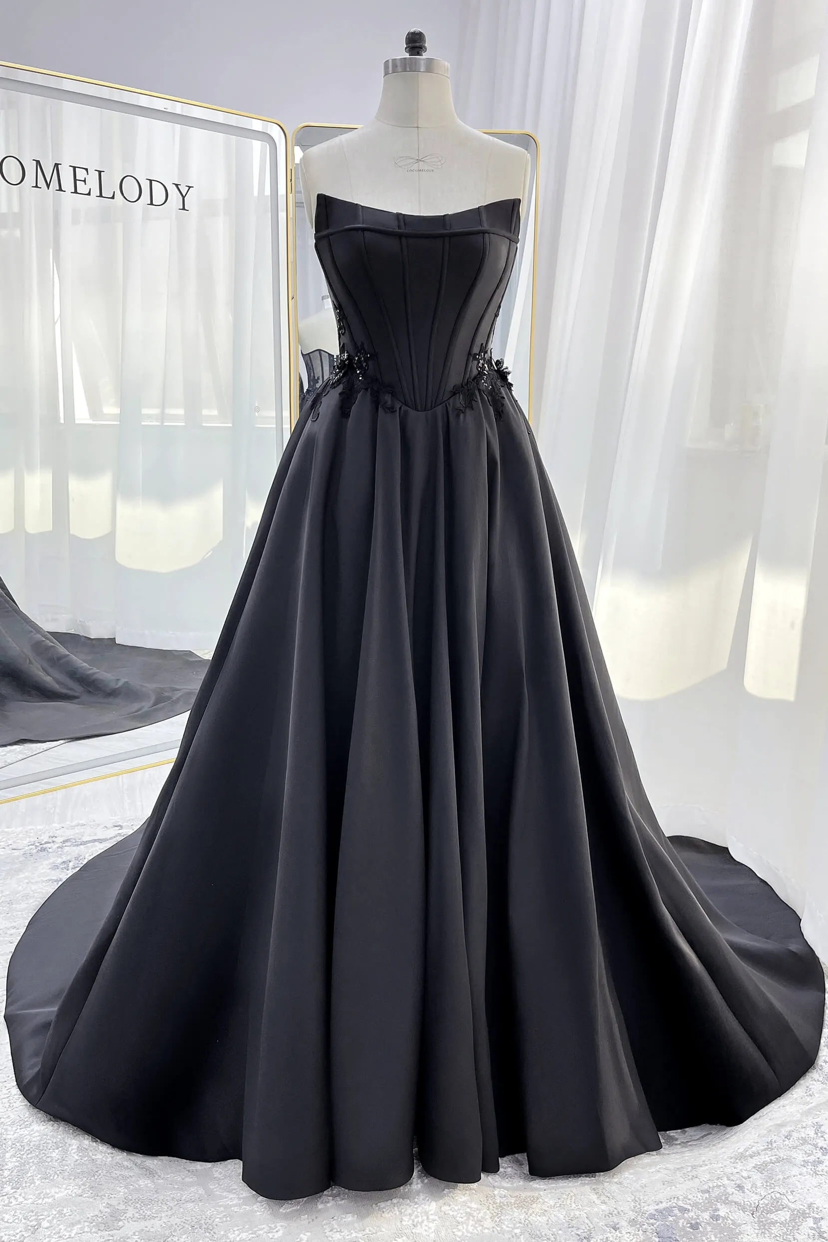 A-Line Court Train Mikado Tulle Wedding Dress CW3350 sold by Cocomelody product image thumbnail 3