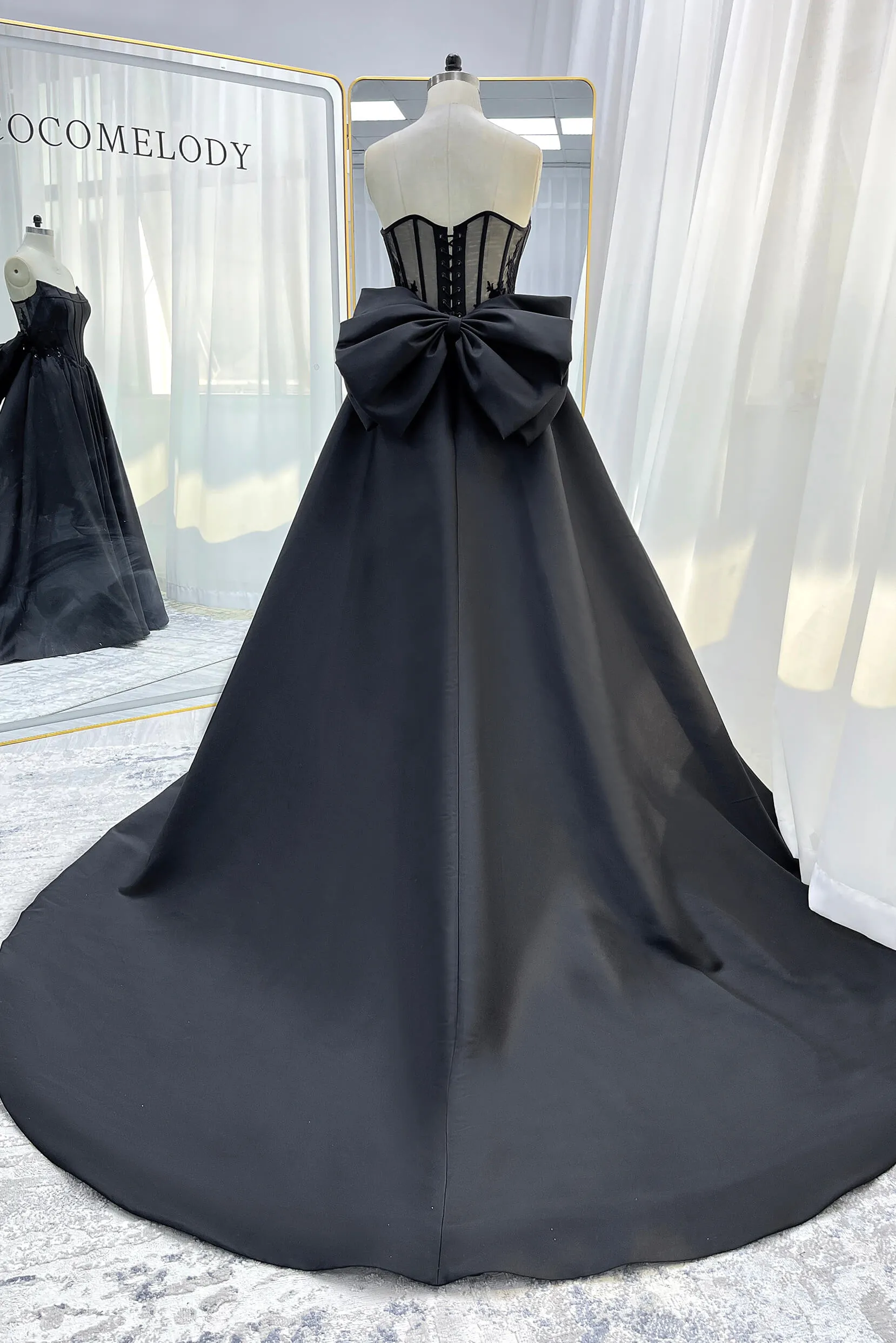 A-Line Court Train Mikado Tulle Wedding Dress CW3350 sold by Cocomelody product image thumbnail 2