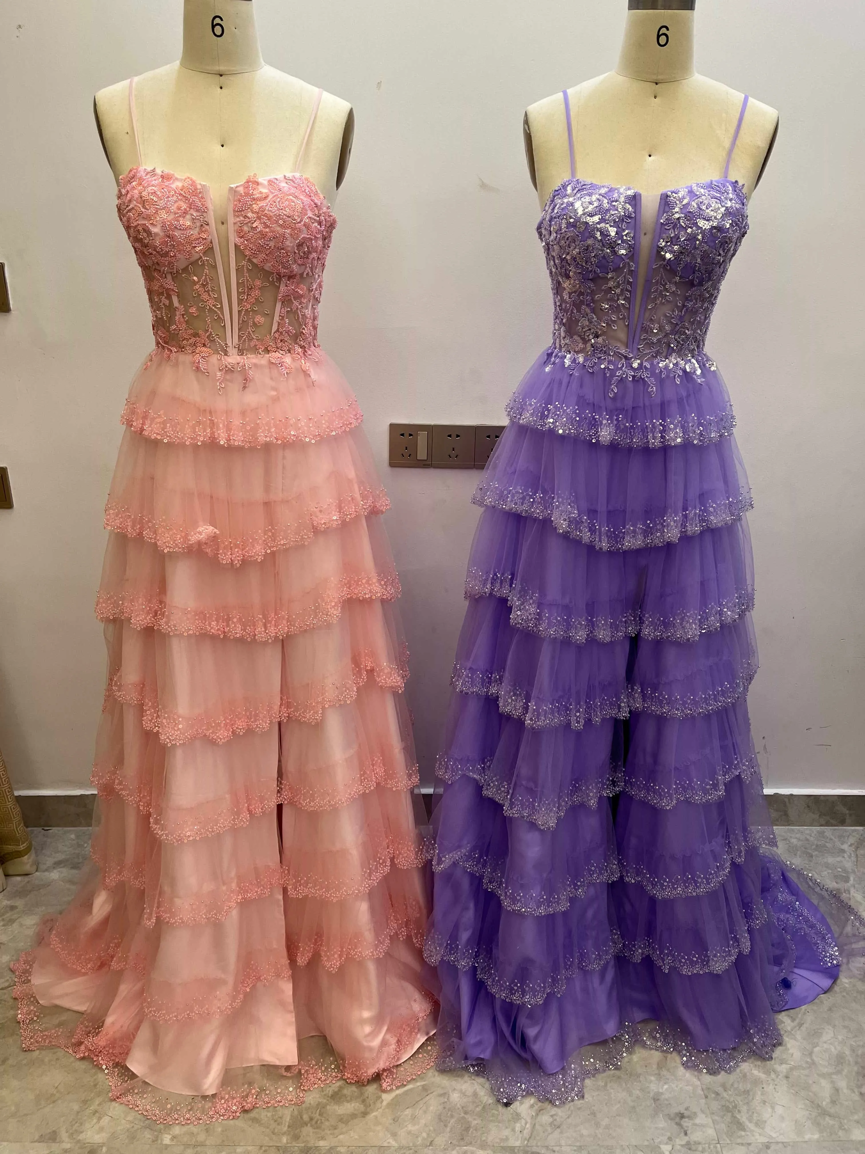 Spaghetti Straps Ruffles Tiered Prom Dresses With Slit CS0930 sold by Cocomelody product image thumbnail 4