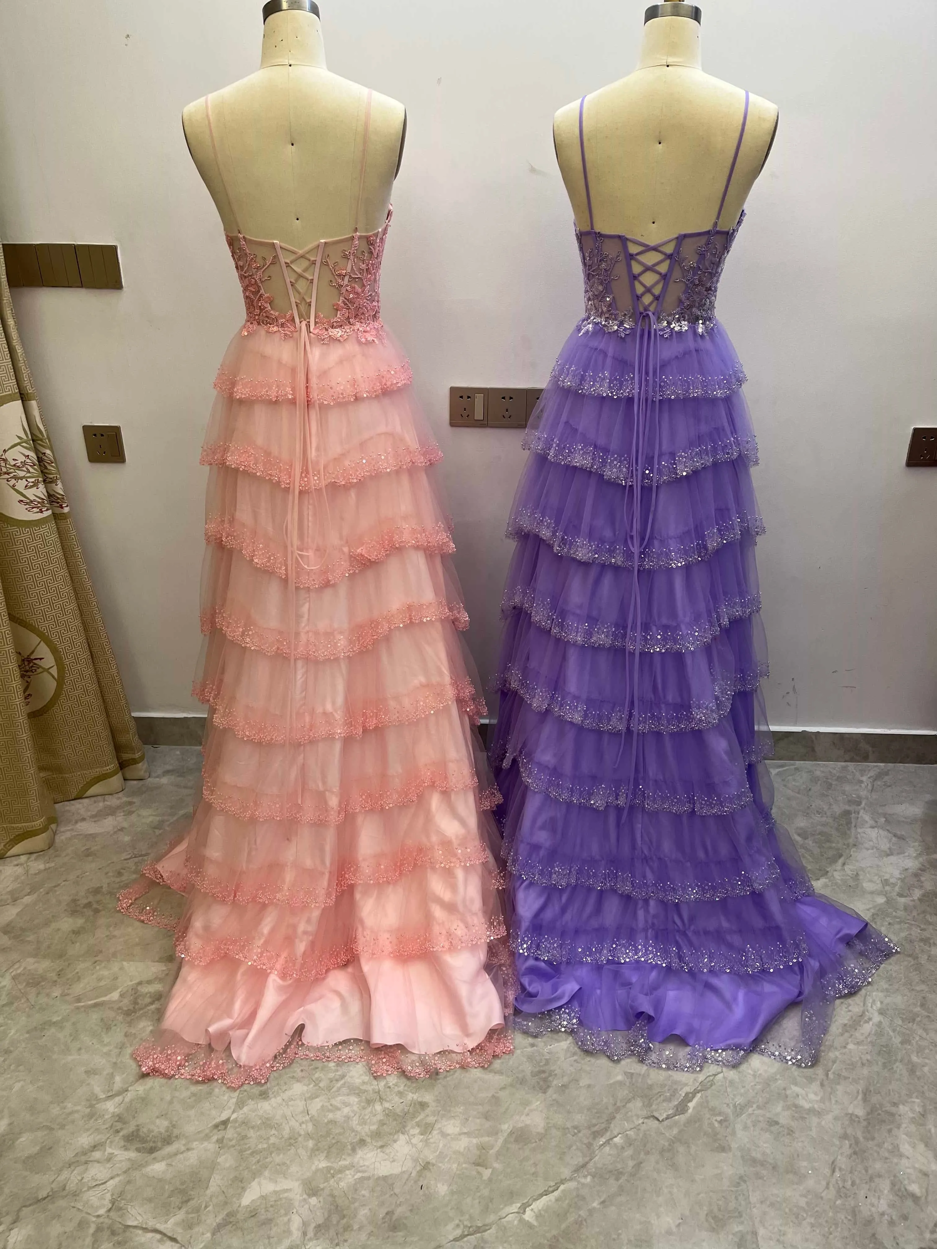 Spaghetti Straps Ruffles Tiered Prom Dresses With Slit CS0930 sold by Cocomelody product image thumbnail 5