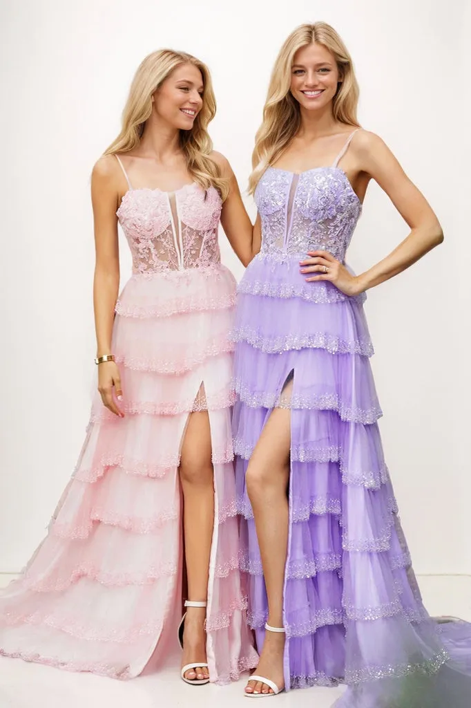 Spaghetti Straps Ruffles Tiered Prom Dresses With Slit CS0930 sold by Cocomelody