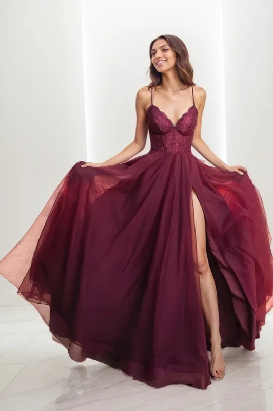V-Neck Lace Corset High Split Sweep Train Prom Dresses CS0805 sold by Cocomelody