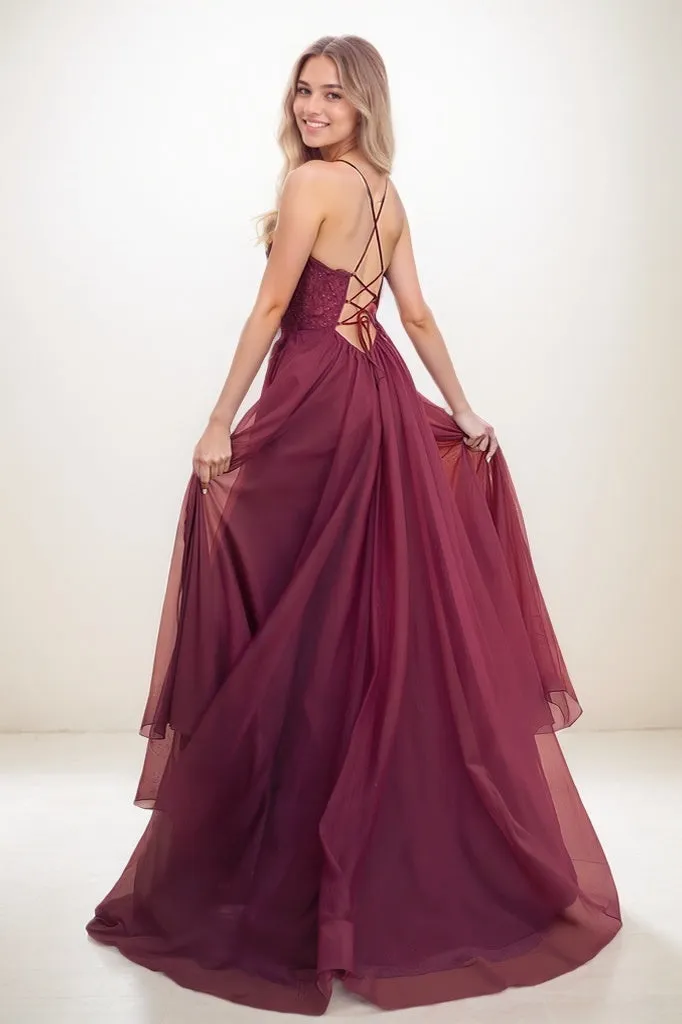 V-Neck Lace Corset High Split Sweep Train Prom Dresses CS0805 sold by Cocomelody product image thumbnail 2