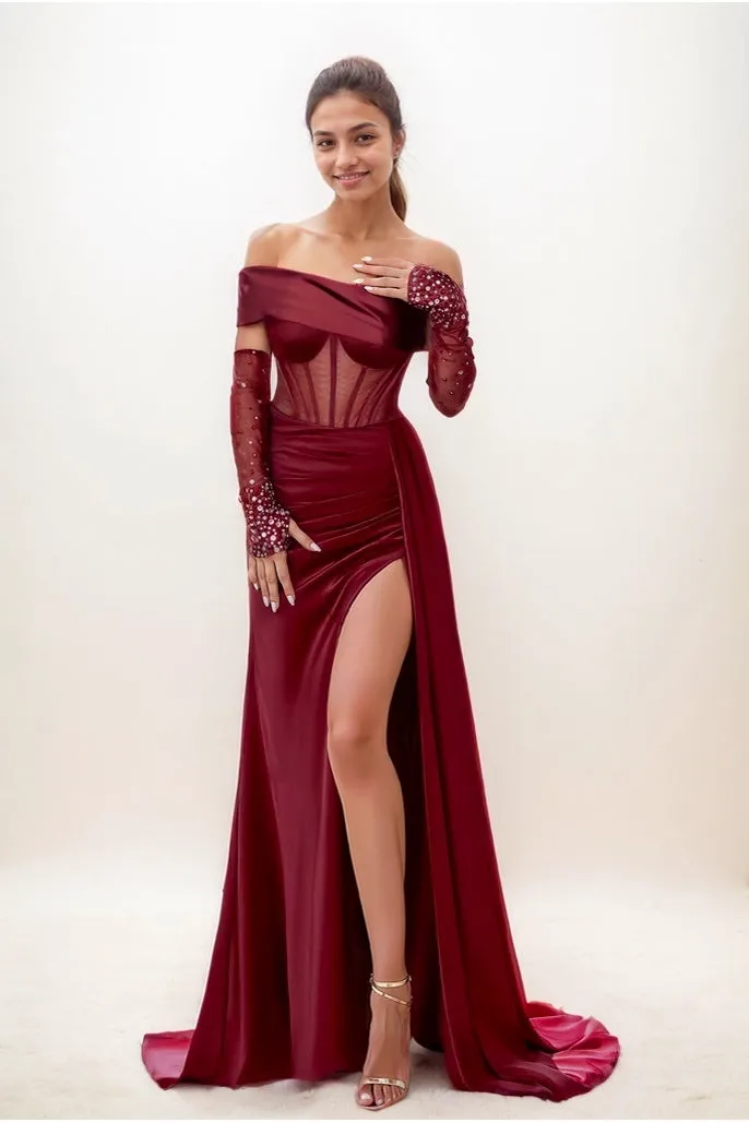 Asymmetrical Neckline Sleeves Sweep Train Prom Dresses CS0804 sold by Cocomelody