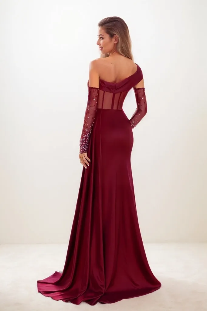 Asymmetrical Neckline Sleeves Sweep Train Prom Dresses CS0804 sold by Cocomelody product image thumbnail 2