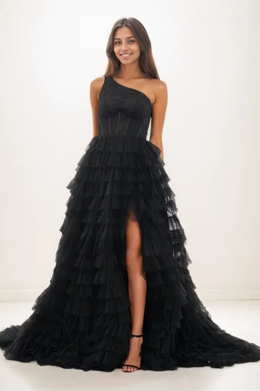 One-Shoulder Tulle Tiered Skirt  High Split Prom Dresses CS0790 sold by Cocomelody