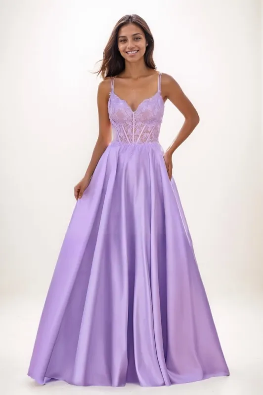 V-Neck Lace Illusion Corset A-Line Satin Prom Dresses CS0780 sold by Cocomelody