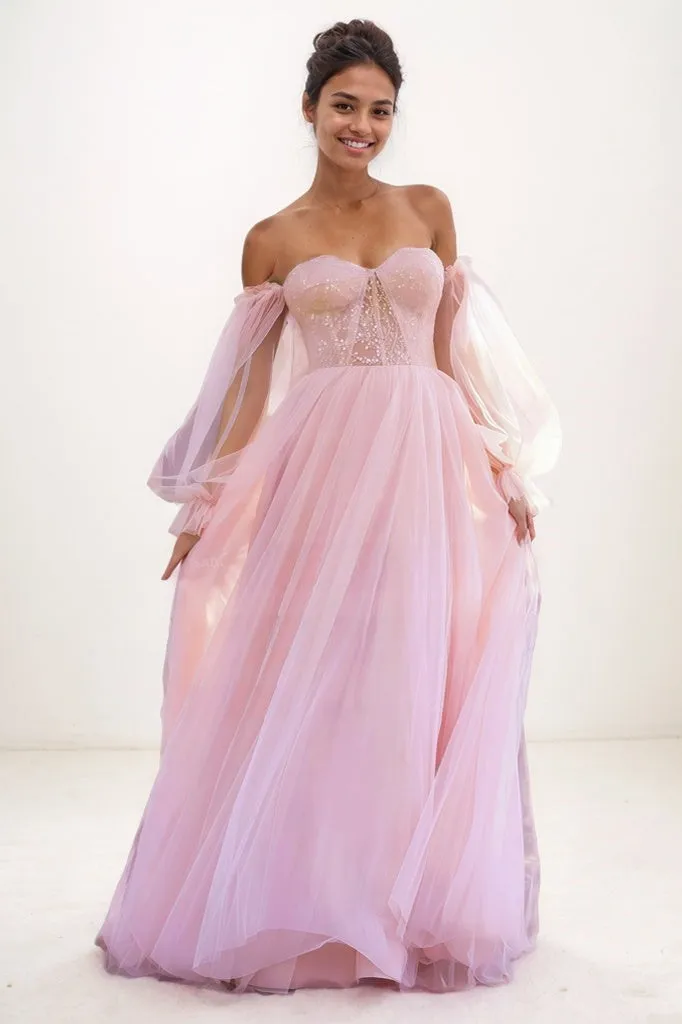 Off-The-Shoulder Long Lantern Sleeves Tulle Prom Dresses CS0776 sold by Cocomelody