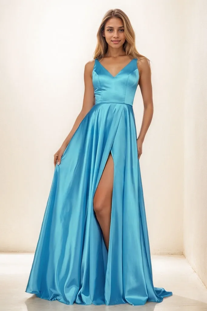 V Neck High Split A Line Sweep Train Satin Prom Dresses CS0853 sold by Cocomelody