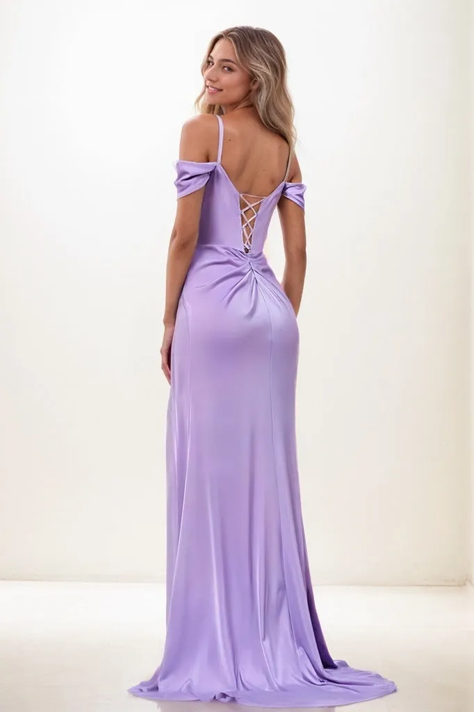 Sweetheart Cold Shoulder High Split Sweep Train Satin Prom Dresses CS0848 sold by Cocomelody product image thumbnail 2