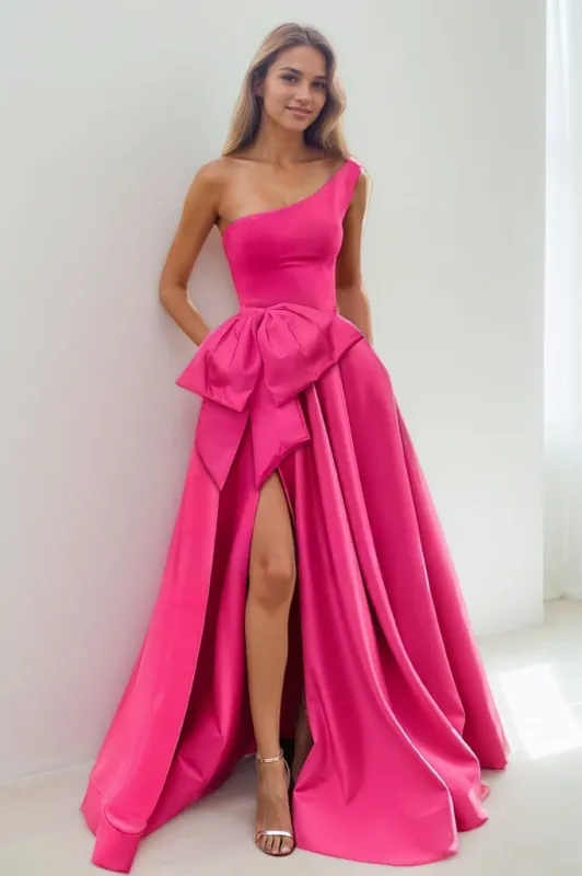 Modest One-Shoulder Bow Accented Satin Prom Dresses With High Split CS0839 sold by Cocomelody