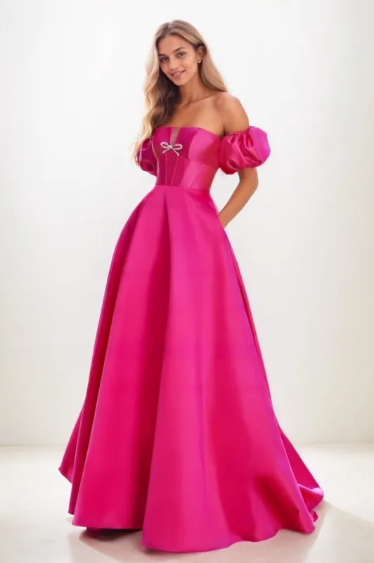 Sweet & Flow Bow Accented Detachable Sleeves Satin Prom Dresses CS0838 sold by Cocomelody