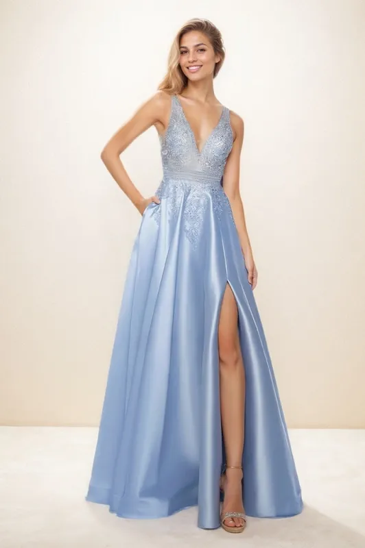 V-Neck Sleeveless Plunge Neck Satin Prom Dresses With Lace CS0837 sold by Cocomelody