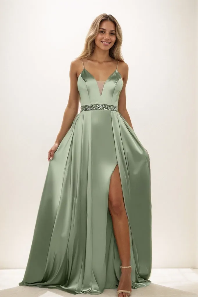 A-Line V-Neck Sleeveless Spaghetti Straps Acetate Satin Prom Dresses CS0826 sold by Cocomelody