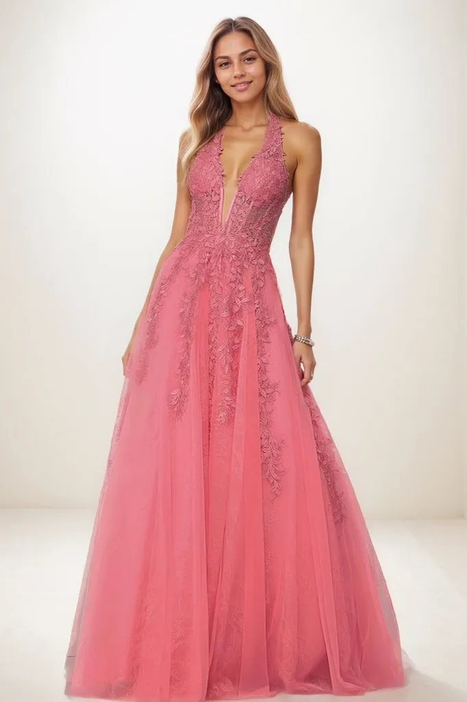 Shiny Halter Lace Illusion Corset A Line Sweep Prom Dresses CS0815 sold by Cocomelody