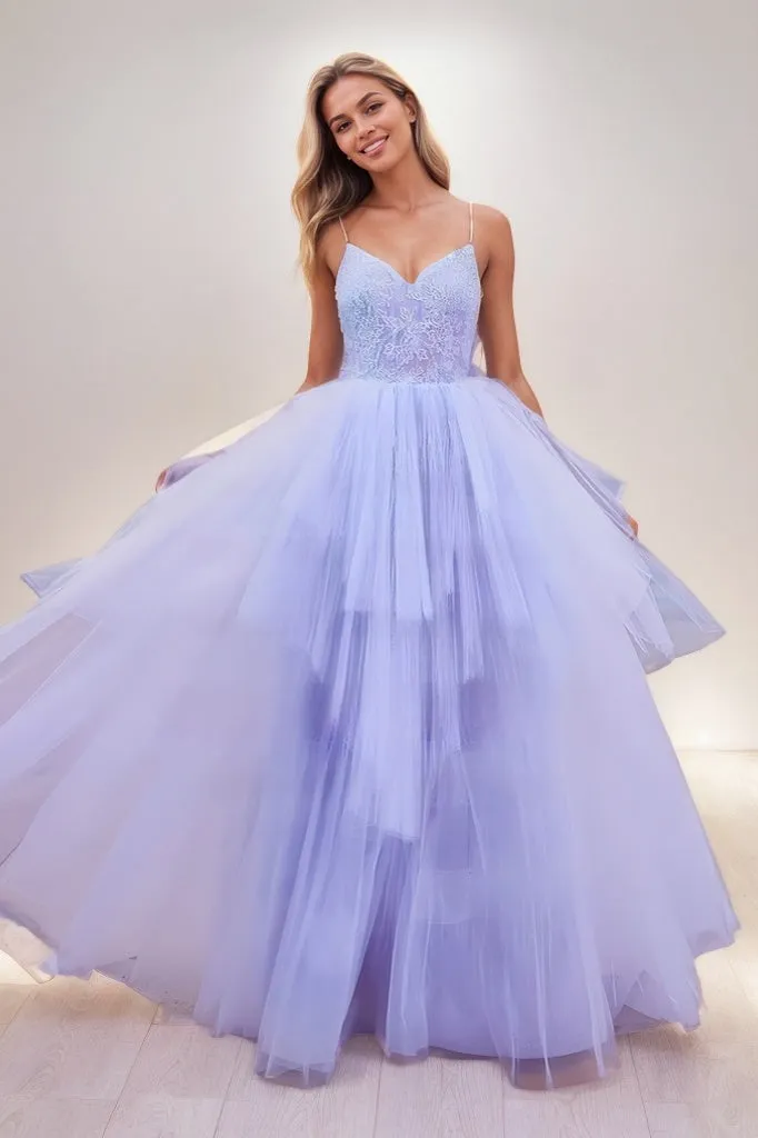 V Neck Spaghetti Straps Lace A Line Floor Length Tulle Prom Dresses CS0814 sold by Cocomelody