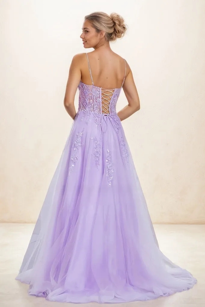 V Neck Lace Illusion Corset A Line Sweep Train Tulle Prom Dresses CS0813 sold by Cocomelody