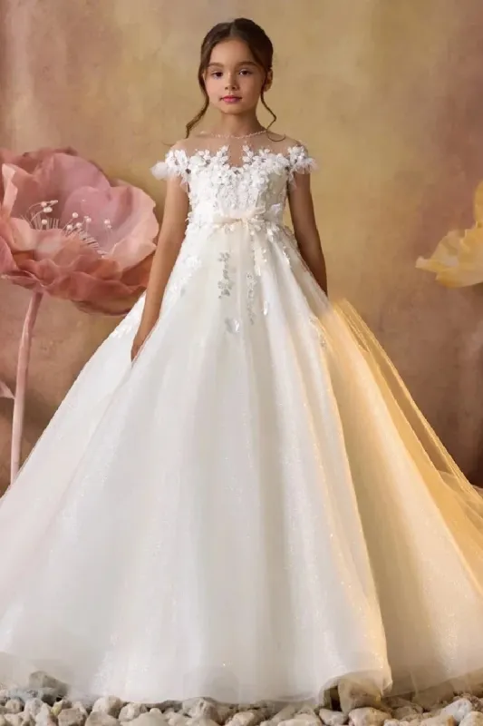 A-Line Illusion Neck Short Sleeve Tulle Court Train Flower Girl Dresses 903004046897 sold by Cocomelody