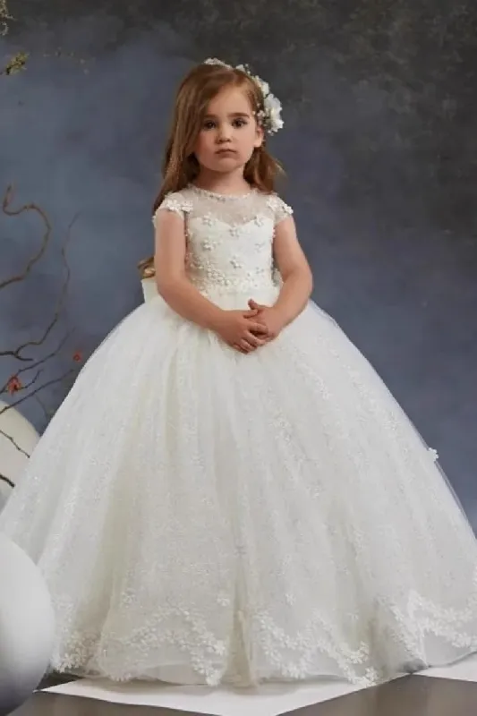A-Line Illusion Neck Cap Sleeve Tulle Sweep-Brush Train Flower Girl Dresses 897953682012 sold by Cocomelody