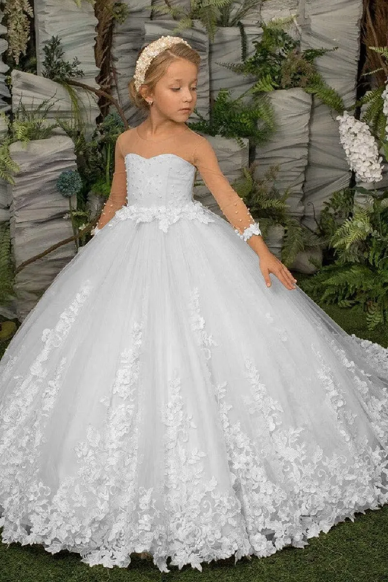 A-Line Illusion Neck Long Sleeve Tulle Sweep-Brush Train Flower Girl Dresses 672919694337 sold by Cocomelody product image thumbnail 4