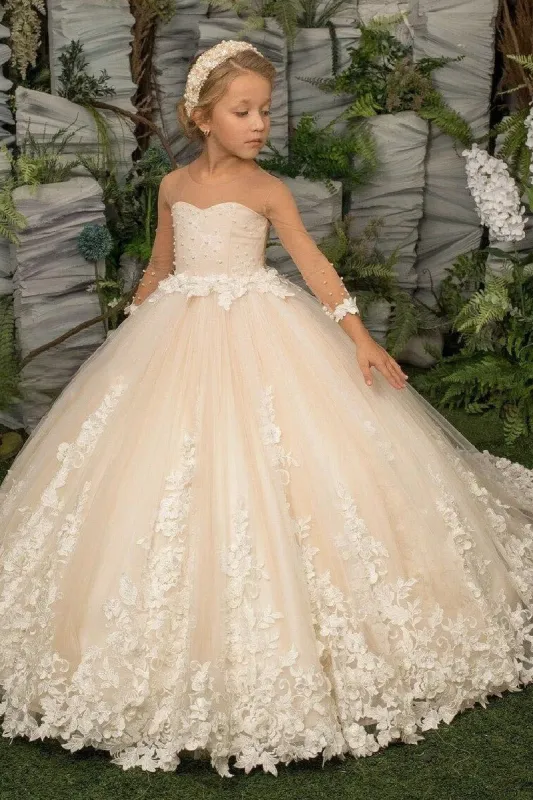 A-Line Illusion Neck Long Sleeve Tulle Sweep-Brush Train Flower Girl Dresses 672919694337 sold by Cocomelody