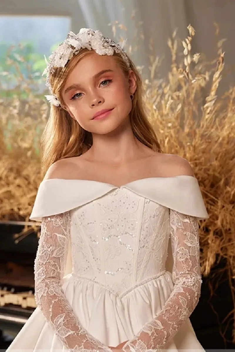 A-Line Off The Shoulder Neck Long Sleeve Satin Flower Girl Dresses 788625737873 sold by Cocomelody product image thumbnail 4